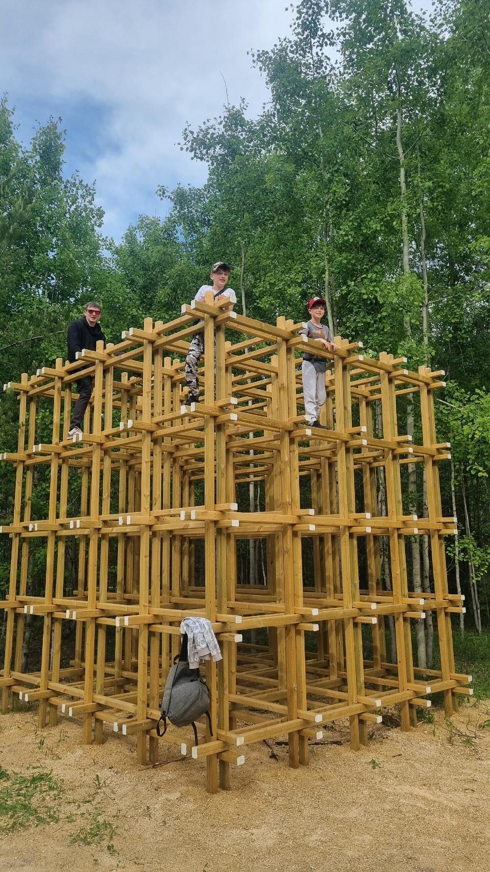 Деревянная лазалка-решётка среди сосен